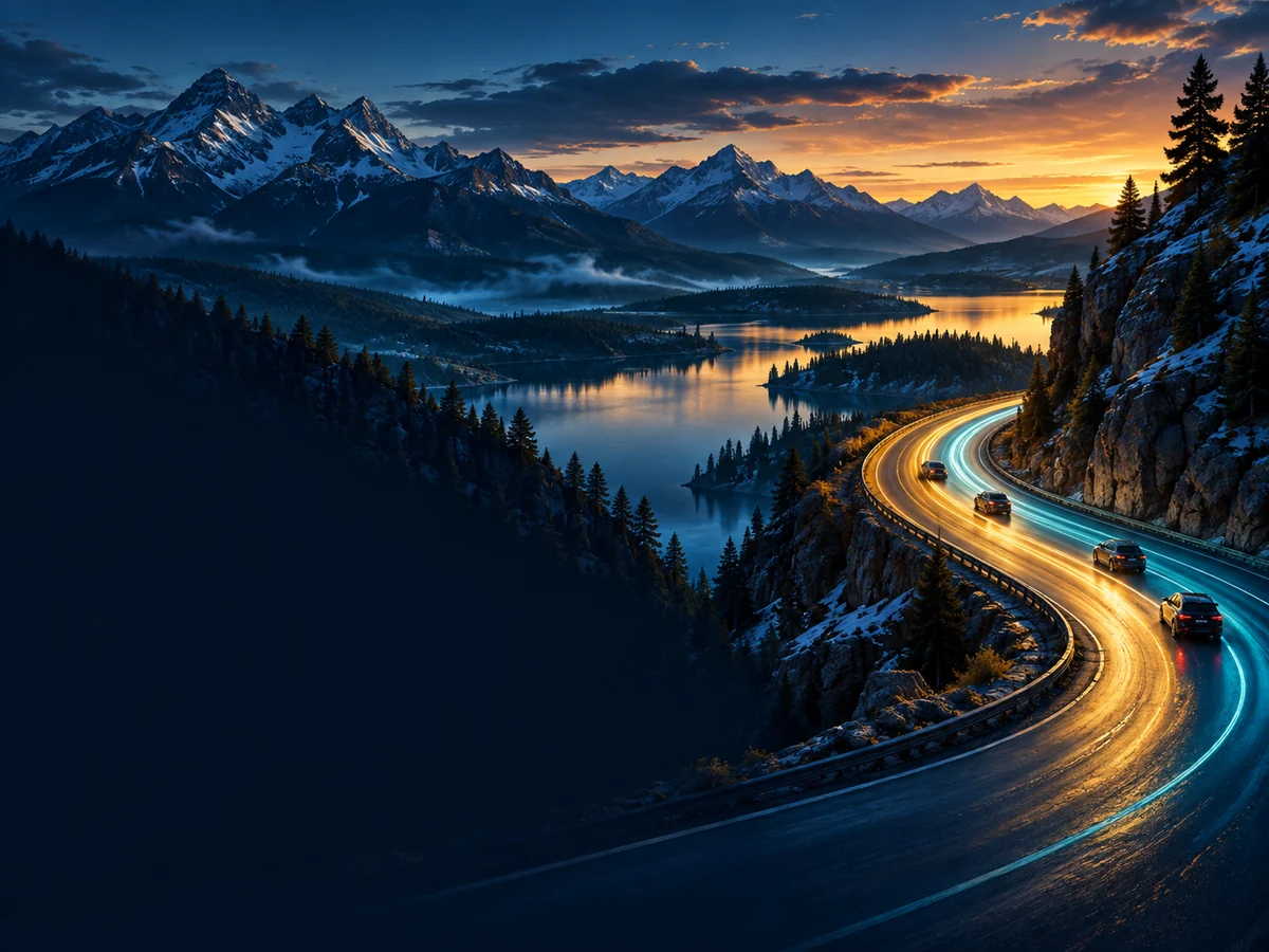 Editorial illustration of a sweeping Colorado roadway with golden and turquoise light trails, inspired by cooperative ridesharing.