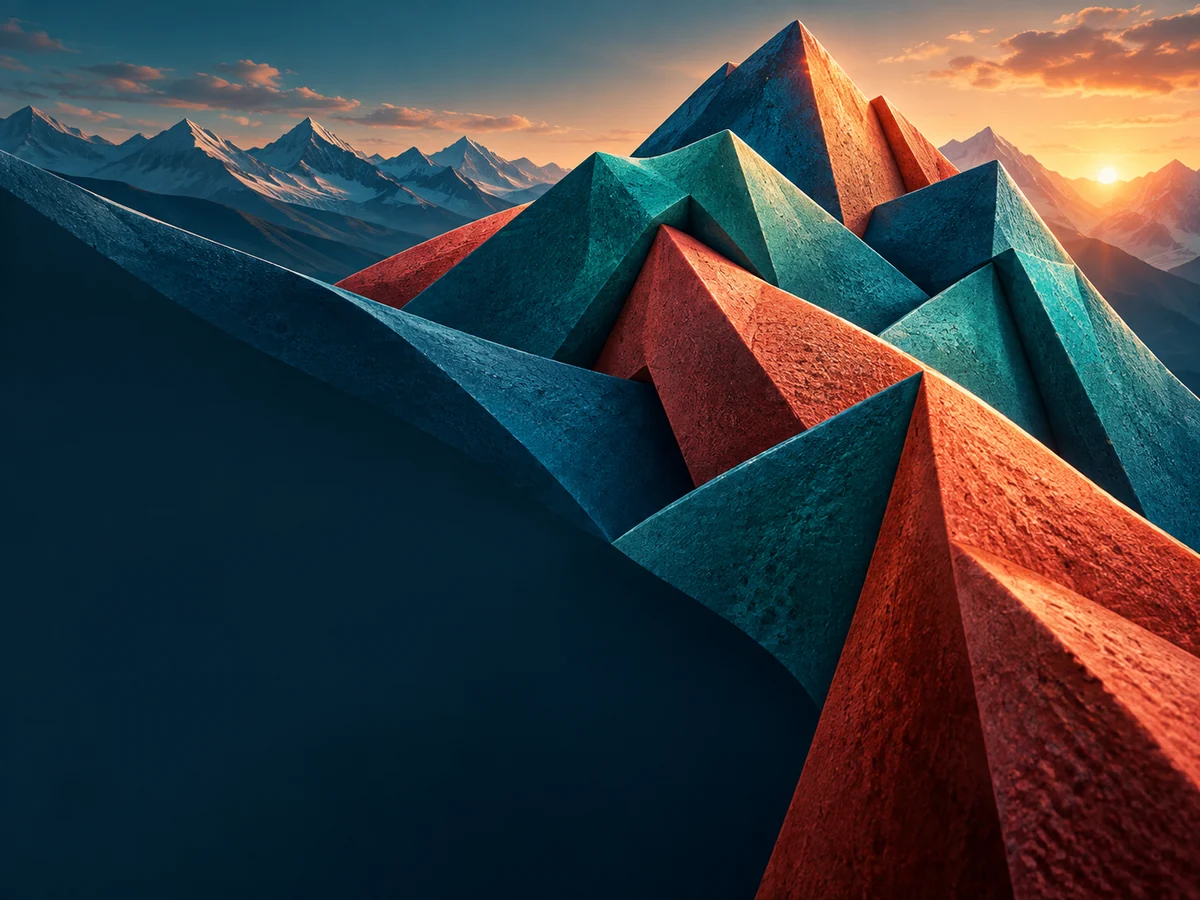 Editorial illustration of interlocking teal and coral mountain forms, inspired by employee ownership in Colorado.