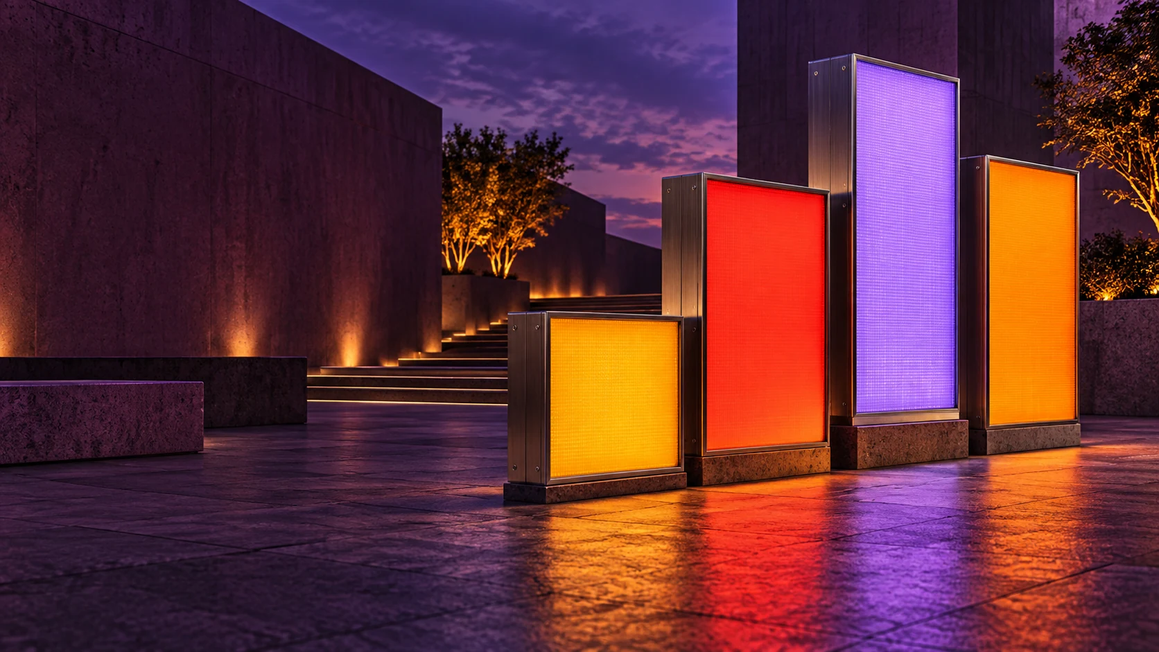 Amber, vermilion, and lavender advertising lightboxes in a plum-coloured plaza at dusk, an editorial illustration.