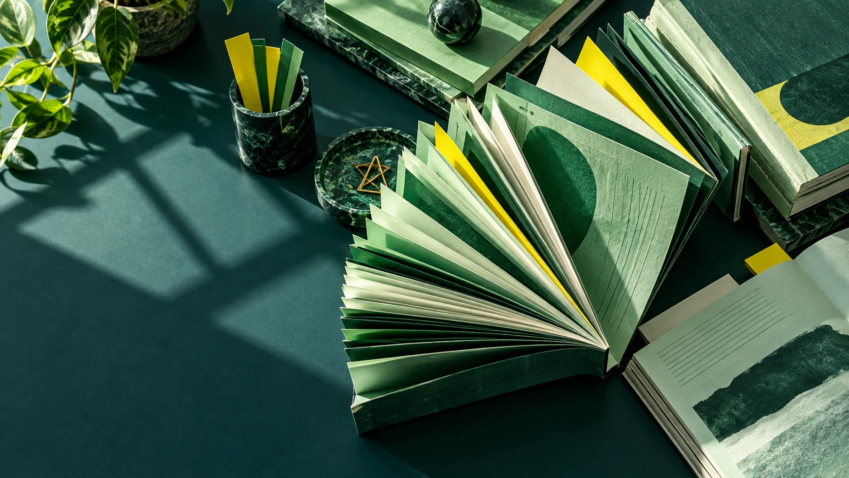 Fanned green notebooks and yellow page markers on a sunlit teal worktable.