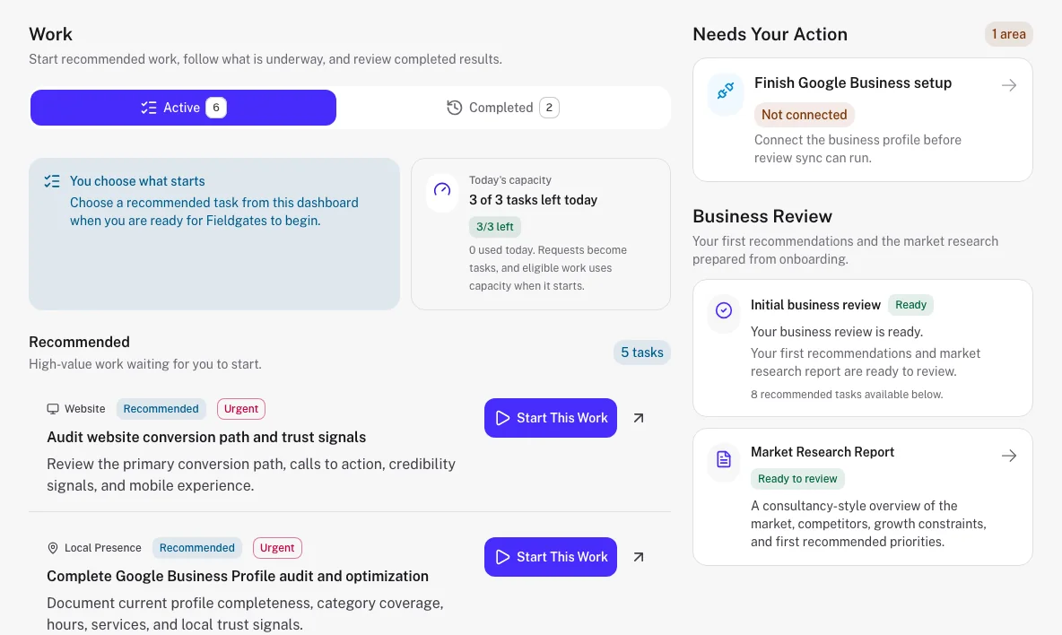 Fieldgates work queue using synthetic data, showing daily execution capacity, recommended business tasks, completed work, and owner actions.